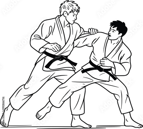 Black Line Art Illustration of Two Martial Artists in Traditional Gi Uniforms Practicing Judo Sparring Techniques Isolated on White