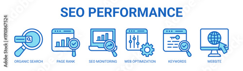 Seo Performance web banner icon vector illustration concept with icon of organic search, page rank, seo monitoring, web optimization, keywords, and website.