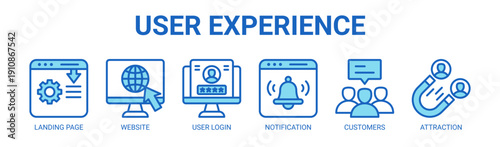 User Experience web banner icon vector illustration concept with icon of landing page, website interface, user login, notification system, customers, and attraction elements.