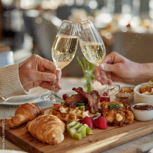 Two hands toasting with sparkling champagne over gourmet brunch board with waffles, croissants and fresh fruit. Elegant celebration moment in warm natural light.