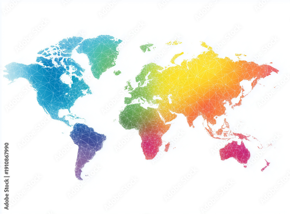 Fototapeta premium A colorful illustration of a world map with vibrant rainbow hues on a white background
