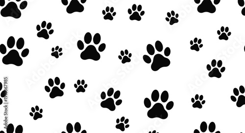 Vector illustration of black paw print silhouettes, scattered pattern design for pet themes, creative decoration, branding, and artistic inspiration