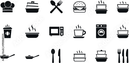 Minimal black food and kitchen icon set featuring chef cooking pots bowls plates cutlery microwave burger and beverage elements
