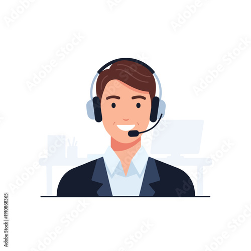 A cheerful cartoon man wearing a headset and smiling in a modern office setting with a clean and minimalist background.