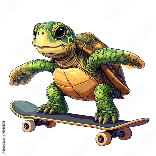 Playful green turtle riding skateboard with confident expression in colorful cartoon illustration evoking fun and motion