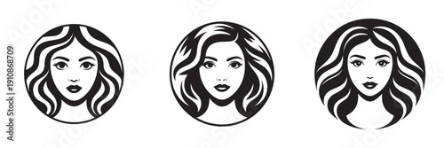 Three stylized female portraits with flowing hair in a graphic style.