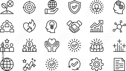 Business concept icons, technology illustration, social theme design, investment growth, teamwork collaboration, innovation creativity, global sustainability, analytics success, partnership art