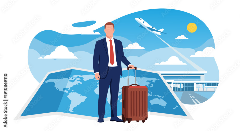 Obraz premium Business Travel Vector Illustration of a Businessman with Suitcase at Airport and World Map Background