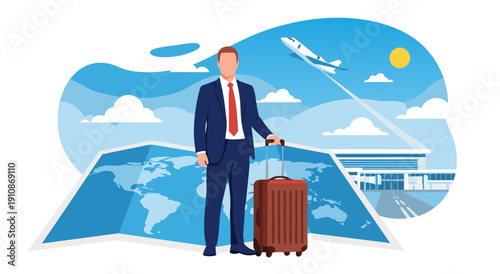 Business Travel Vector Illustration of a Businessman with Suitcase at Airport and World Map Background