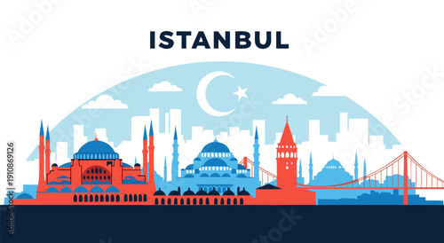 Istanbul Skyline Vector Illustration with Turkish Flag, Bridges and Mosques - Cityscape Art