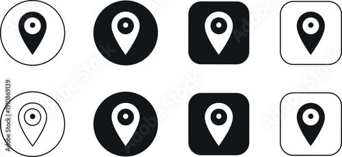 Minimal black and white map location pin icon set in circular and square styles for navigation, apps and web design