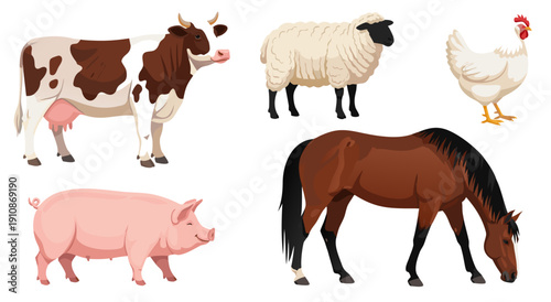Farm animals vector illustration of a cow, sheep, pig, horse, and chicken, clean and simple graphic