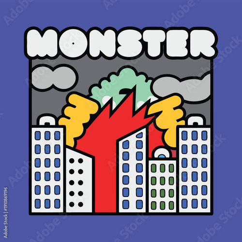 Retro Cartoon Monster City Destruction Scene T-shirt Design