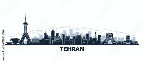 A panoramic silhouette of the Tehran skyline featuring iconic landmarks and mountains in the background.