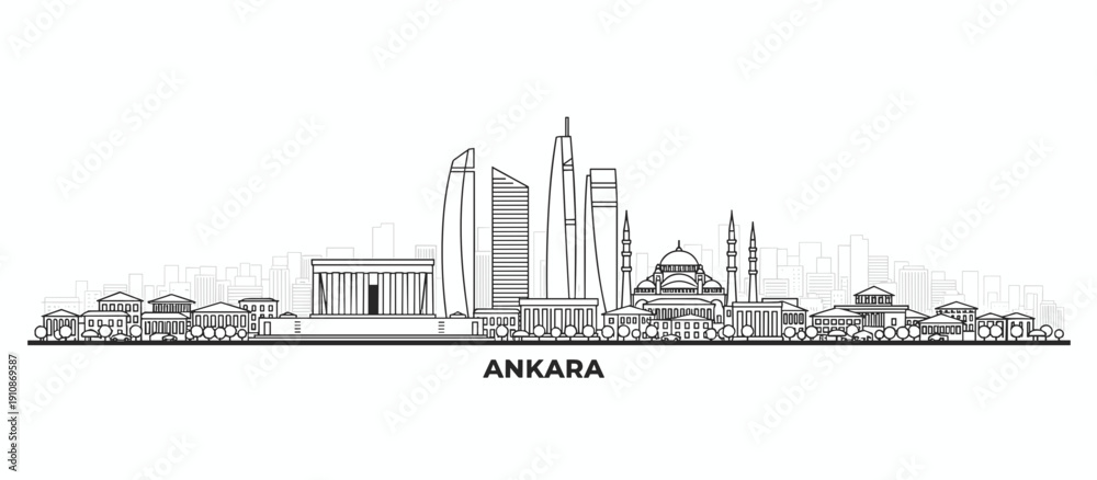 Obraz premium Ankara skyline illustration featuring modern skyscrapers and historical buildings, presented in a clean, minimalist line art style.