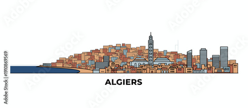 A panoramic illustration of the Algiers skyline, featuring a dense collection of buildings cascading down a hill towards the sea, with a prominent church tower and modern skyscrapers.