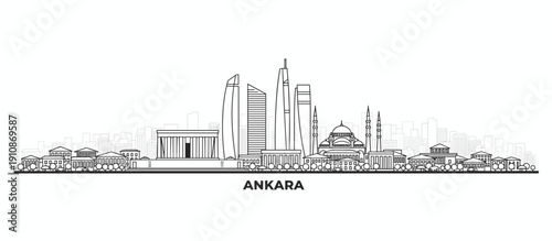 Ankara skyline illustration featuring modern skyscrapers and historical buildings, presented in a clean, minimalist line art style.