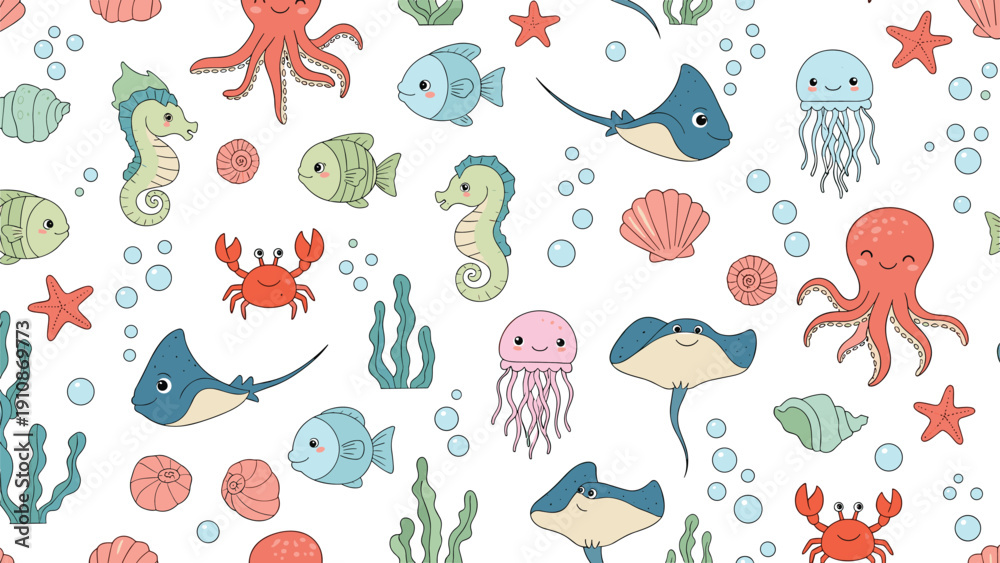 Fototapeta premium Seamless pattern with cute doodle-style sea creatures like octopus, seahorse, and crab on a white background with blue bubbles.