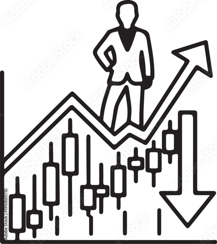 "Stock market volatility and trading success illustration showing professional figure on candlestick chart with upward and downward arrows symbolizing bullish trend, bearish decline, investment risk, 