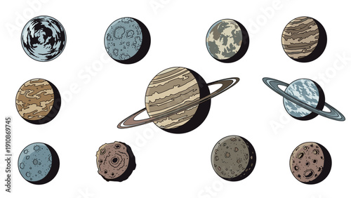 Set of various hand-drawn planets from the solar system, including ringed and cratered celestial bodies, in a retro comic style.