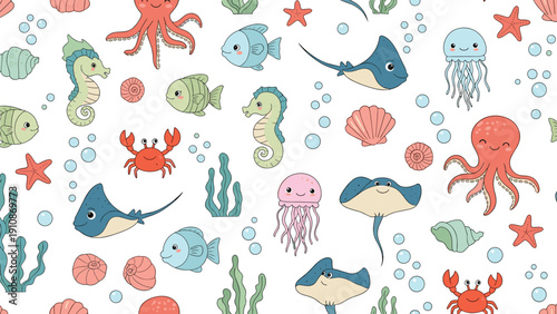 Seamless pattern with cute doodle-style sea creatures like octopus, seahorse, and crab on a white background with blue bubbles.