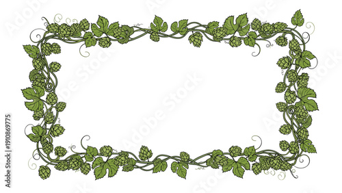Rectangular frame made of intertwined green hop vines with leaves and cones, hand-drawn in a vintage style on white background.