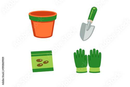 Wallpaper Mural A collection of gardening tools including an orange flower pot, a silver trowel with a green handle, a green seed packet, and a pair of green gloves on a black background. Torontodigital.ca