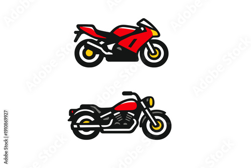 Two stylized red motorcycle icons are displayed against a solid black background. The top one is a modern sportbike, while the bottom one is a classic cruiser style motorbike.