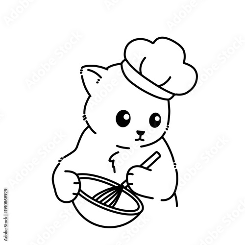 Cute cat chef mixing ingredients in a bowl line art.