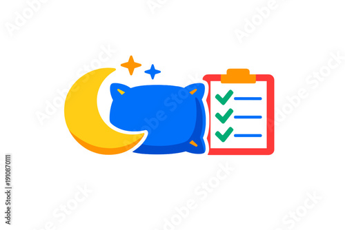 A flat illustration featuring a yellow crescent moon, a blue pillow with stars, and a red clipboard with green checkmarks, representing a bedtime routine or sleep tracking concept.