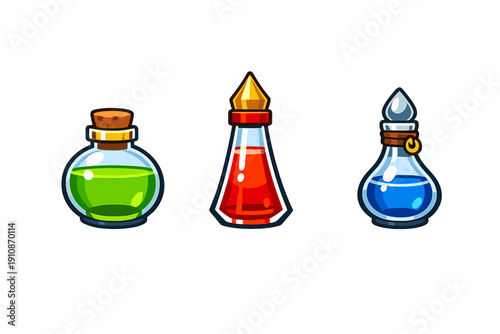 Three stylized glass potion bottles containing green, red, and blue liquids are arranged horizontally against a solid black background. Each bottle has a unique shape and stopper.
