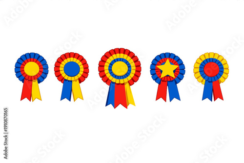 Five colorful award ribbons in red, blue, and yellow are arranged in a horizontal row against a solid black background. One rosette features a yellow star in the center.