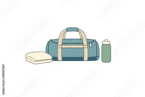 A flat vector illustration featuring a blue duffel bag, a folded white towel, and a green water bottle set against a black background, showcasing essential items for a gym workout.
