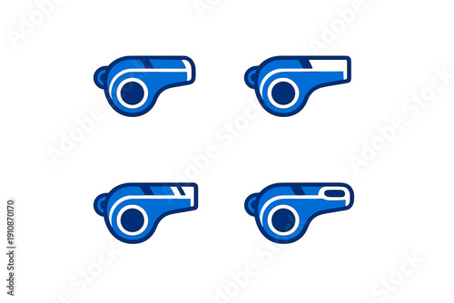 Four blue whistle icons are arranged in a grid on a black background. These stylized graphic elements represent sports equipment or signaling tools in a flat design style.