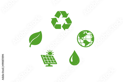 A collection of five green environmental icons including a recycle symbol, globe, water drop, solar panel, and leaf, arranged in a circle on a solid black background.