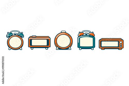Five stylized vintage alarm clocks and digital radios are arranged in a horizontal line. The flat vector illustration uses a palette of orange and teal on a dark solid black background.
