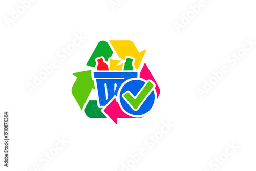 A colorful recycling symbol surrounds a blue shopping basket filled with bottles, featuring a green checkmark icon on a black background to represent sustainable consumer choices.