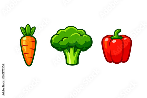 A cartoon illustration featuring three fresh vegetables including an orange carrot, a green broccoli floret, and a red bell pepper, all isolated against a solid black background.
