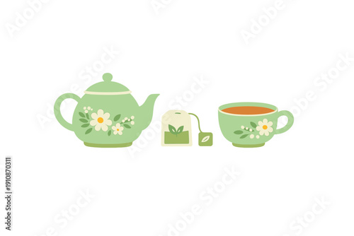 This flat illustration features a light green teapot, a tea bag, and a teacup filled with tea, all adorned with white daisy floral patterns on a black background.