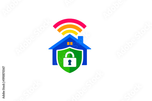 A colorful digital illustration of a blue house with a green security shield and a white padlock, topped with a vibrant wireless signal icon against a solid black background.