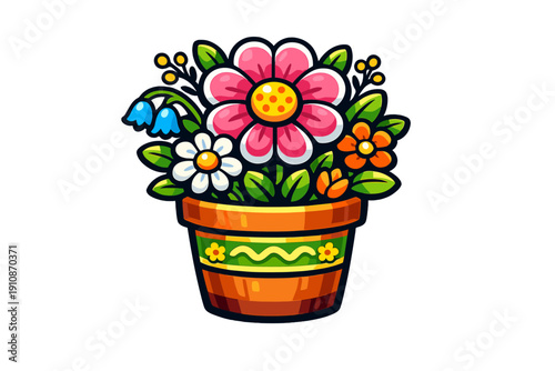 A vibrant cartoon illustration of a terracotta flower pot filled with a variety of colorful flowers, including a large pink blossom, white daisy, and blue bells, on a black background.