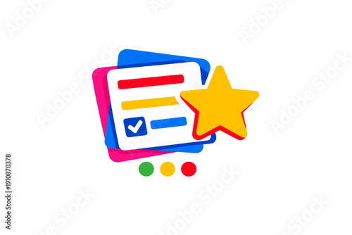 A colorful illustration featuring a black checklist card with a blue checkmark and a large yellow star on a black background, symbolizing a positive review or rating.