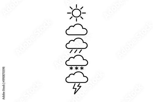 This image displays five white outline weather icons arranged vertically on a black background, including symbols for sunny, cloudy, rainy, snowy, and stormy conditions.