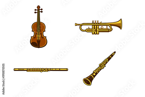 A collection of four musical instruments including a violin, trumpet, flute, and clarinet, presented in a stylized golden vector art style against a solid black background.