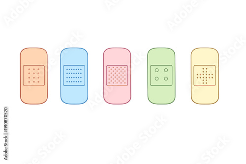 A row of five colorful adhesive bandages in orange, blue, pink, green, and yellow colors against a black background. Each bandage features a unique dot pattern on its central pad.
