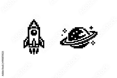 A minimalist black and white pixel art illustration featuring abstract geometric shapes and structures against a solid dark background, reminiscent of retro video game graphics.