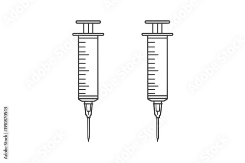 Two identical line art illustrations of medical syringes with needles and measurement markings are displayed side-by-side against a solid black background in a minimalist style.