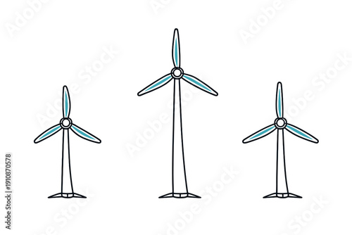 Three hand-drawn wind turbines of different heights are shown against a black background. The minimalist illustration features black outlines and light blue accents on the blades.