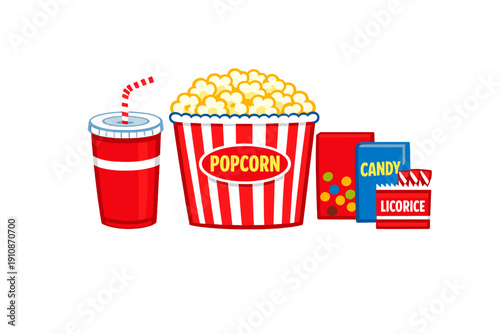 A cartoon illustration of movie theater snacks including a large popcorn bucket, a red soda cup with a straw, and various boxes of candy and licorice against a black background.