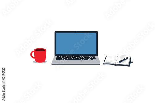 This flat vector illustration features a laptop with a blue screen, a red coffee mug, and an open notebook with a pen, all set against a solid black background for a clean look.